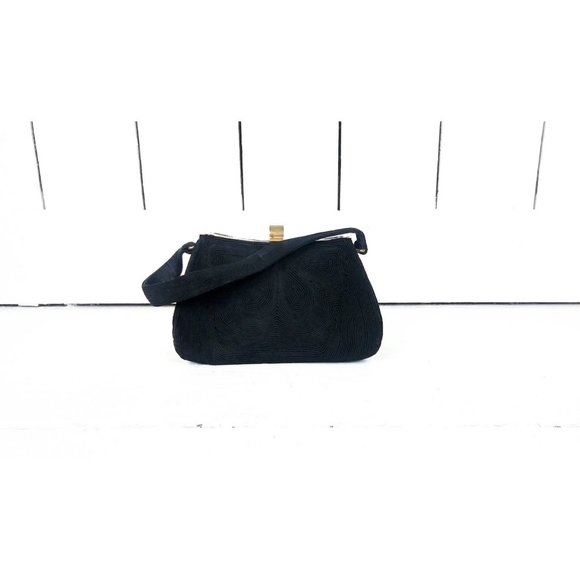 Vintage 1950s black chord evening handbag/50s small black frame purse - Picture 1 of 6